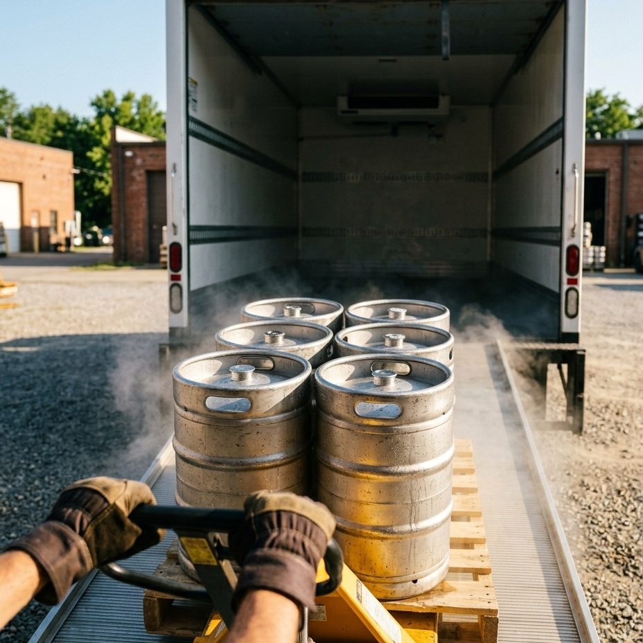 Fusti appena scaricati da un camion refrigerato, con il vapore del freddo