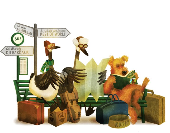 Illustrazione dell'etichetta Kinnegar Crossroads: animali in viaggio a un incrocio