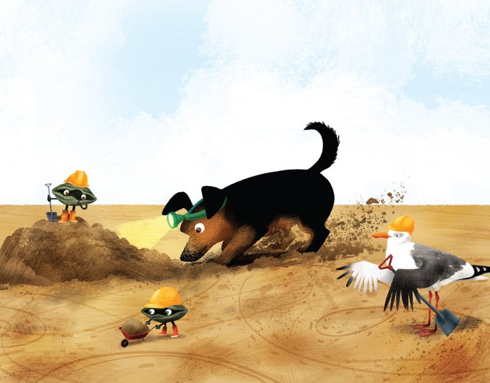 Illustrazione dell'etichetta Kinnegar Low Tide: un cane che scava sulla spiaggia