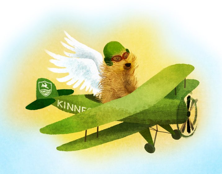 Illustrazione dell'etichetta Kinnegar Rustbucket: un coniglio pilota su un biplano verde