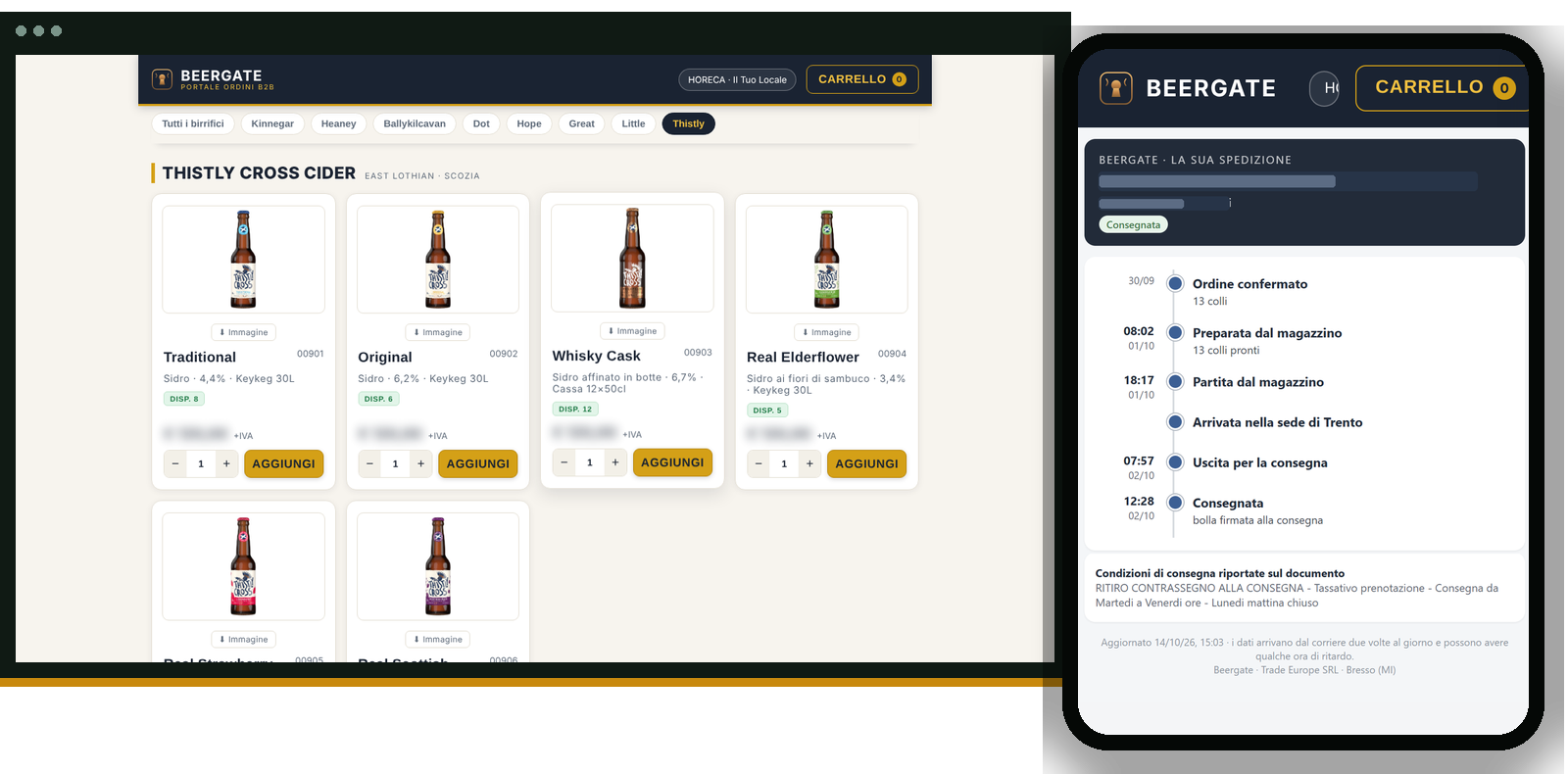 L'app degli ordini Beergate: sul PC il catalogo Thistly Cross con foto, disponibilità e il pulsante Aggiungi, prezzi oscurati; sullo smartphone il tracciamento di una spedizione, dall'ordine confermato alla consegna