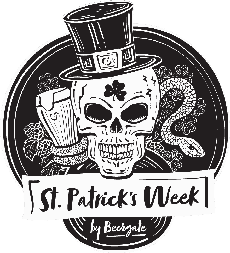 Il logo della St. Patrick's Week by Beergate: un teschio con il cilindro e un trifoglio sulla fronte, un boccale di birra e un serpente